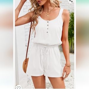Women's White Scoop Neck Sleeveless Button Down Jumpsuit Rompers Adjustable